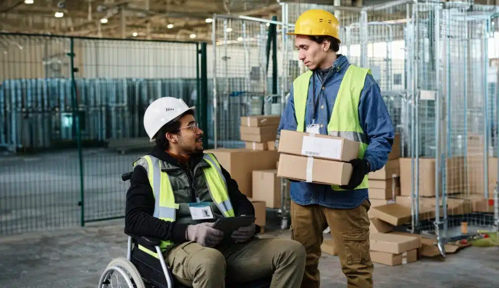 A person who has a disability and uses a wheelchair at the workplace talking with a coworker