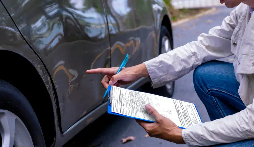 An insurance adjuster taking note of damage after a car accident