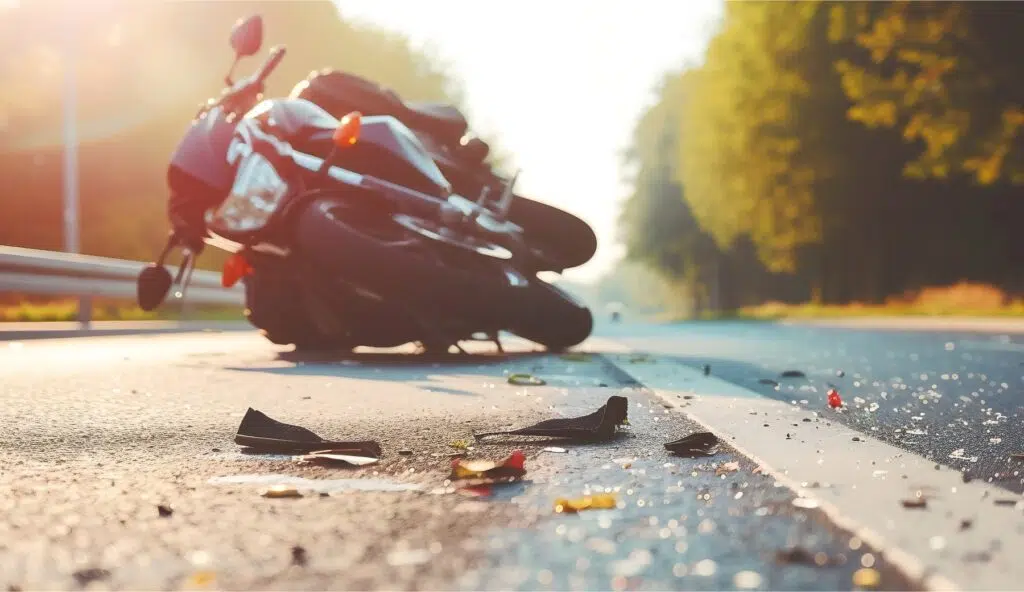 A motorcycle laying down on the road after an accident