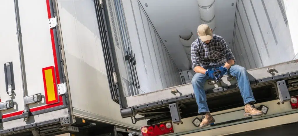 A truck driver sits in the back of his open trailer, looking down.