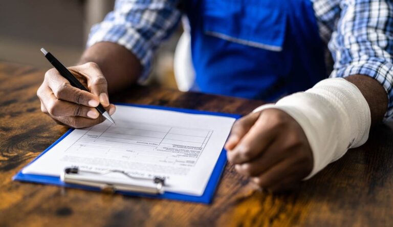 a person with a workers' comp injury filling out paperwork