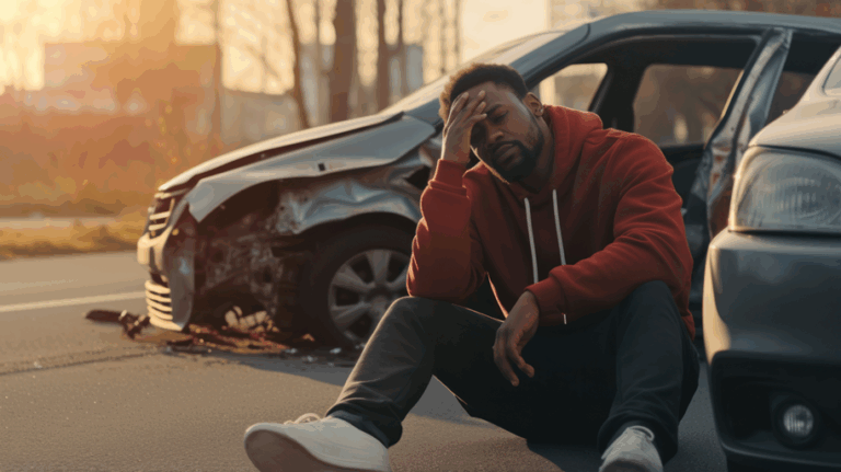 A man sitting by his car after a car accident showing pain and holding his head.