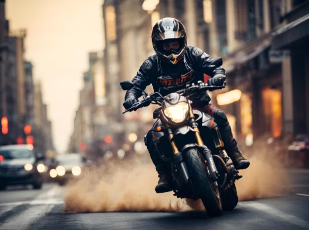 A motorcyclist in full gear making a sharp turn on a city street, kicking up dust as cars and buildings blur in the background.