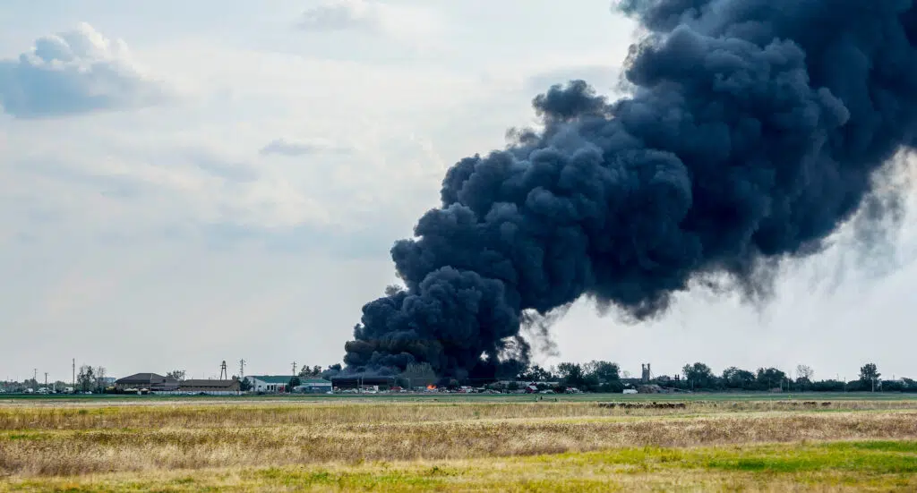 Massive black smoke billowing into the sky from a large fire in an industrial or agricultural area, seen across open fields with buildings in the distance.