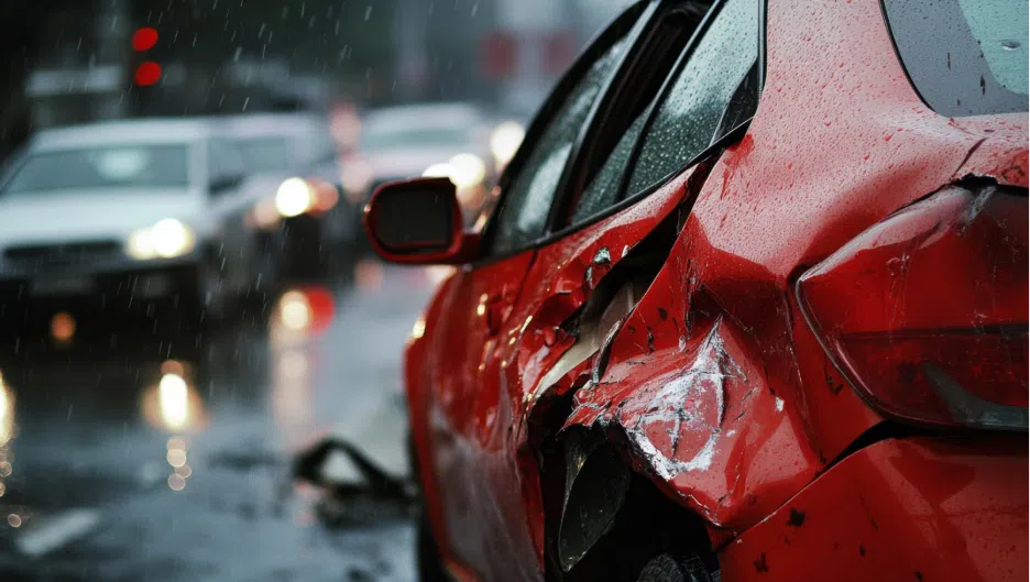 Close-up of a red car with severe side damage after a collision, parked on a rainy roadway with blurred traffic and headlights in the background.