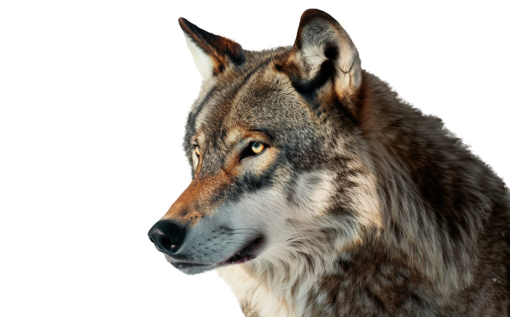 Close-up of a gray wolf looking to the side