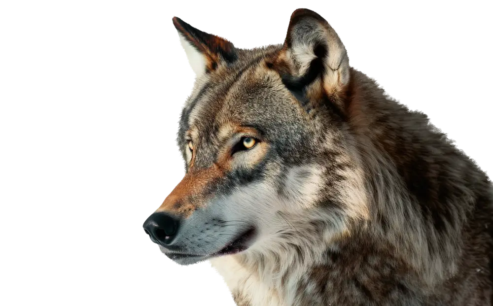 Close-up of a gray wolf looking to the side